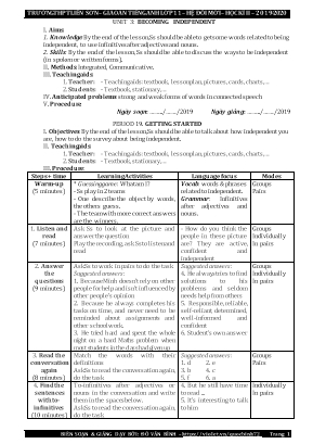 Giáo án Tiếng Anh Lớp 11 - Unit 3 Becoming independent - Năm học 2019-2020 - Đỗ Văn Bình